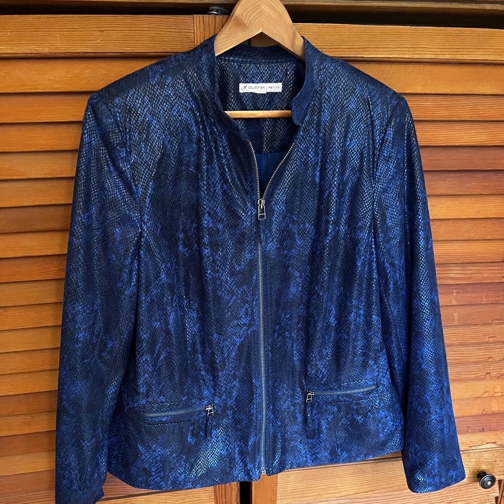 JM Collection Blue Faux Snakeskin Jacket - P M/L